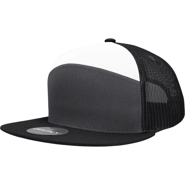 A grey and white trucker cap with a black brim and a mesh back, featuring a logo on the front.