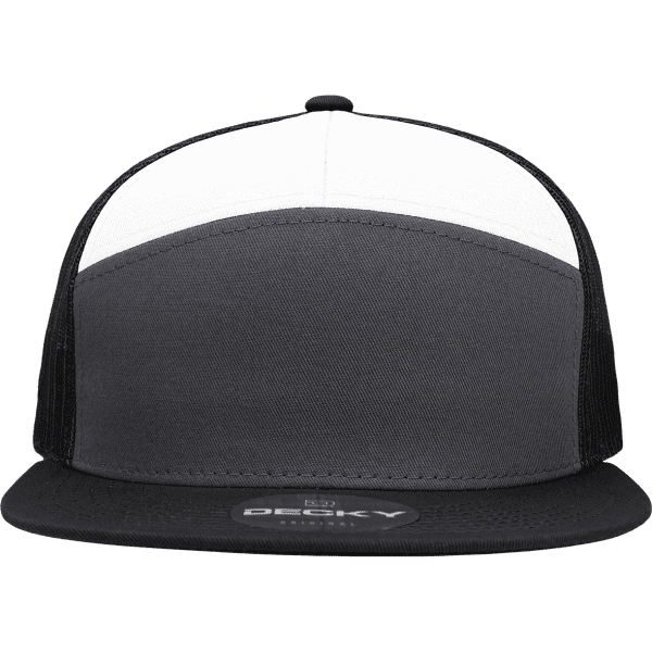 A grey and black high-profile structured trucker cap with a white front panel and a logo on the brim.