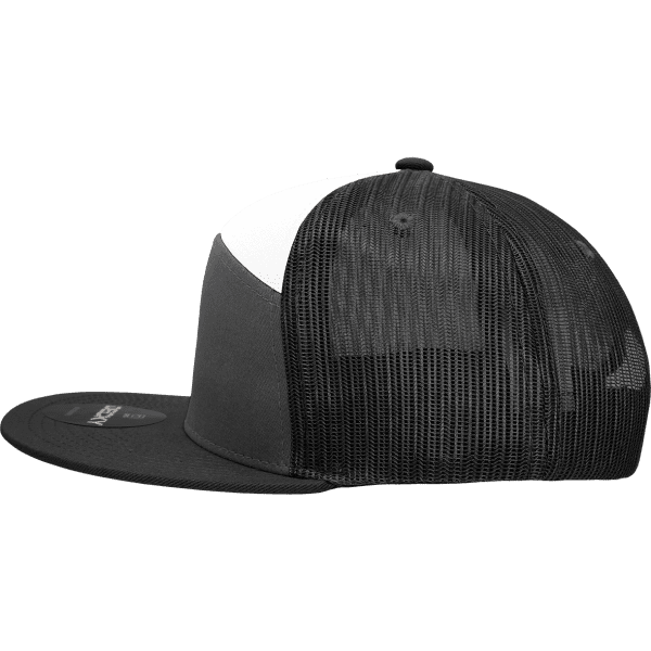A black and white 7 panel high profile structured trucker cap with a mesh back and a logo.