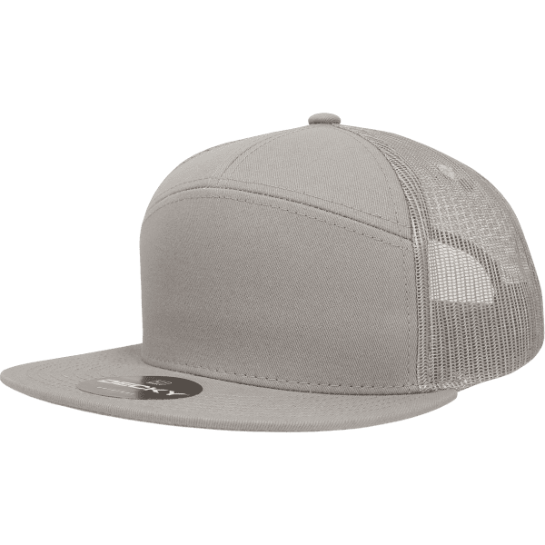 A grey 7-panel high pro trucker cap with a mesh back and a flat brim. It features a logo on the front.