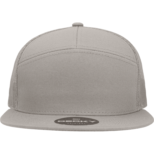 A grey high-profile structured trucker cap featuring a logo on the front panel.