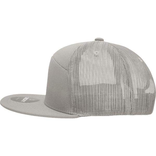 A grey 7-panel high profile structured trucker cap with a mesh back and branded logo.