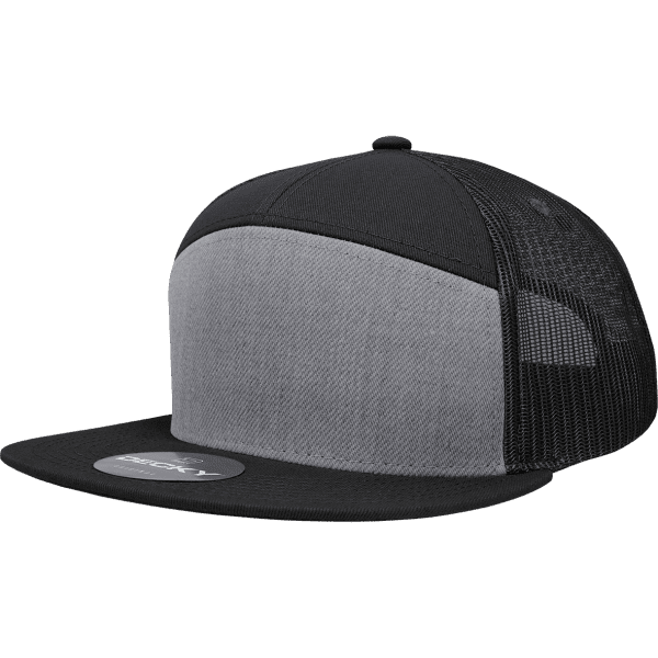 A grey and black 7 Panel High Pro Cotton/Poly Blend Trucker cap featuring a mesh back and a logo.