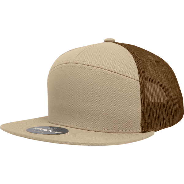 A beige trucker cap with a brown mesh back and a curved brim, featuring a logo on the front.