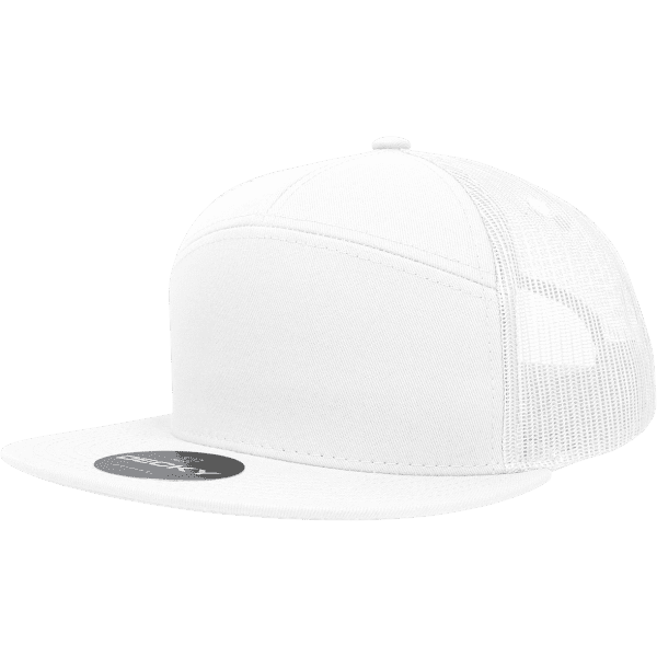 A white trucker cap featuring a high-profile design and mesh panels. It includes a branded logo on the front.