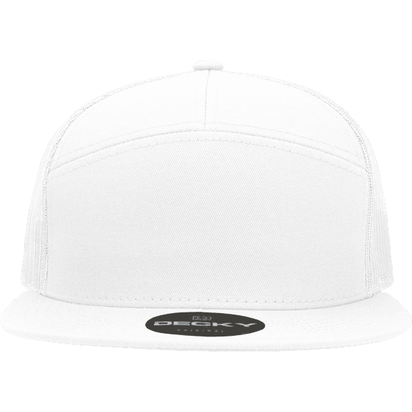 A white 7 panel high profile structured trucker cap with a branded logo on the front.
