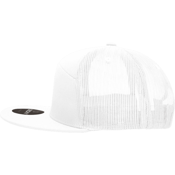 A white structured trucker cap featuring a mesh back and a curved brim, also includes a logo.