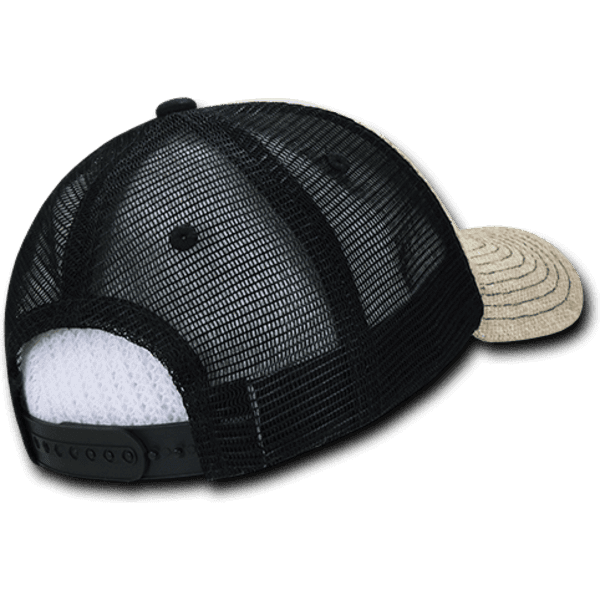 A low-profile structured jute trucker cap featuring a mesh back and a beige front with black accents.