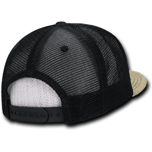 A black and natural jute trucker cap with a high-profile structure and mesh back, featuring an adjustable strap.