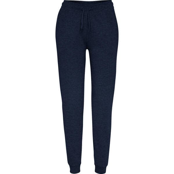 Navy women's track pants with a drawstring waist and cuffed ankles, featuring a logo on the side.