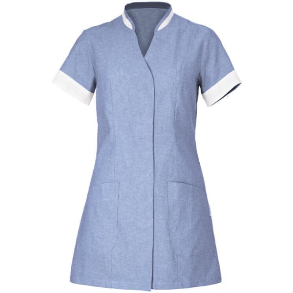Aurelia Tunic in blue with white accents, featuring a short sleeve design and two front pockets.