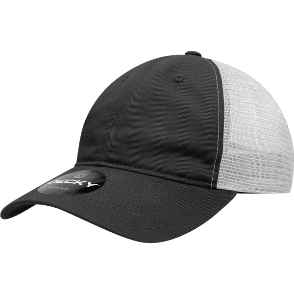A black and grey trucker cap featuring a mesh back and a branded logo.