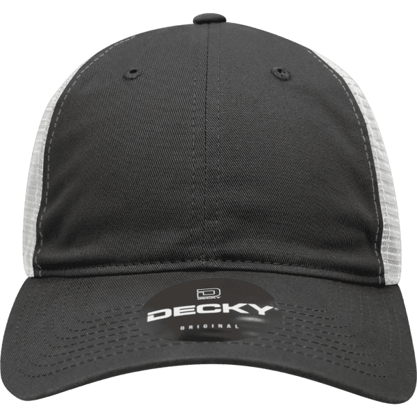 A black and white trucker cap featuring a mesh back and a logo on the front.