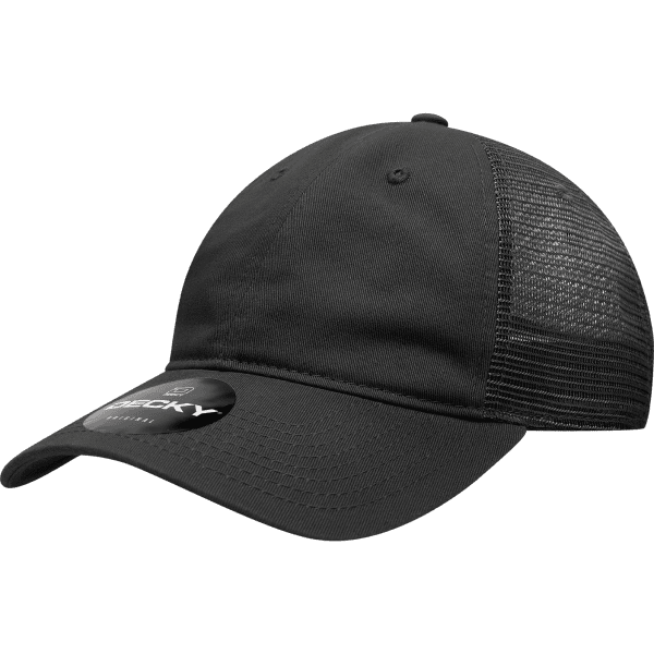 A black 6-panel low profile cotton trucker hat with a mesh back and a logo.