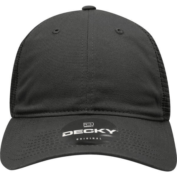 A black low-profile trucker cap featuring a mesh back and a logo on the front.