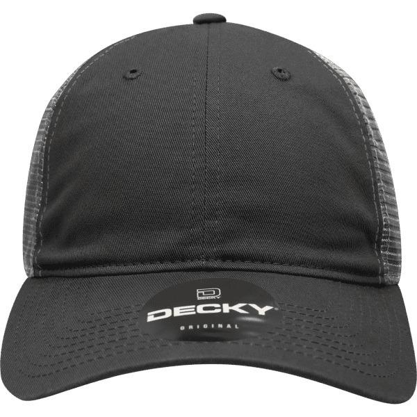 A black trucker cap featuring a low profile design and mesh back, with a logo on the front.