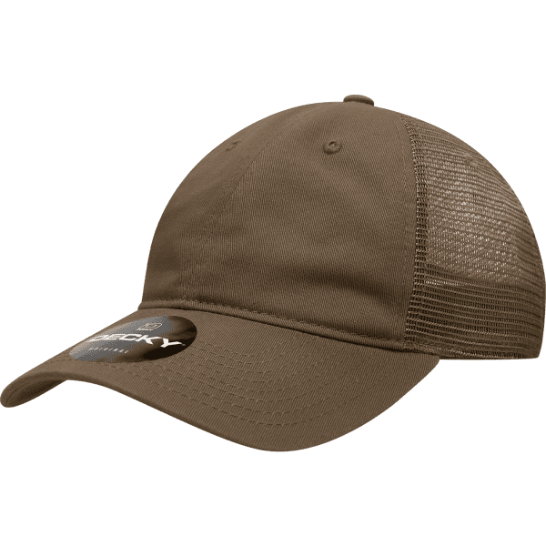 A brown low profile cotton trucker cap with mesh side panels and a logo on the front.