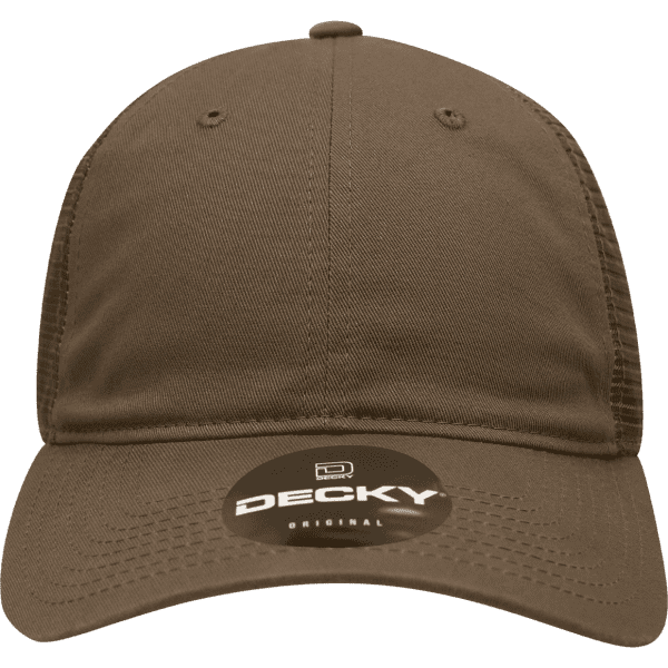 A brown 6-panel low profile relaxed trucker cap with a mesh back and a branded tag.