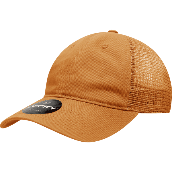 An orange 6 Panel Low Pro Cotton Trucker cap with a mesh back and a logo.