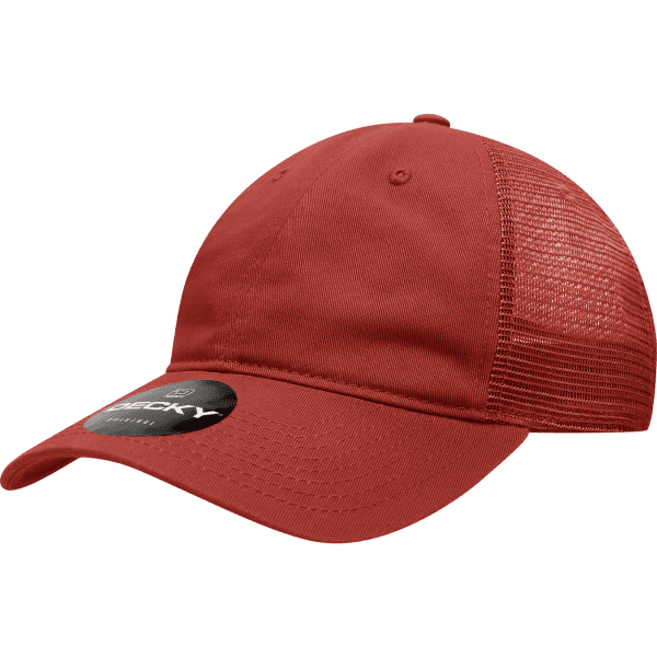 A red 6-panel low profile cotton trucker cap with mesh sides and a logo present on the front.