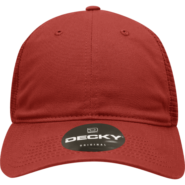 A red 6 panel low profile relaxed trucker cap with a mesh back and a logo on the front.