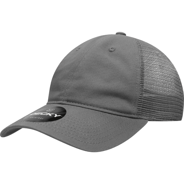 A grey cotton trucker cap with a low profile and mesh side panels, featuring a logo on the front.