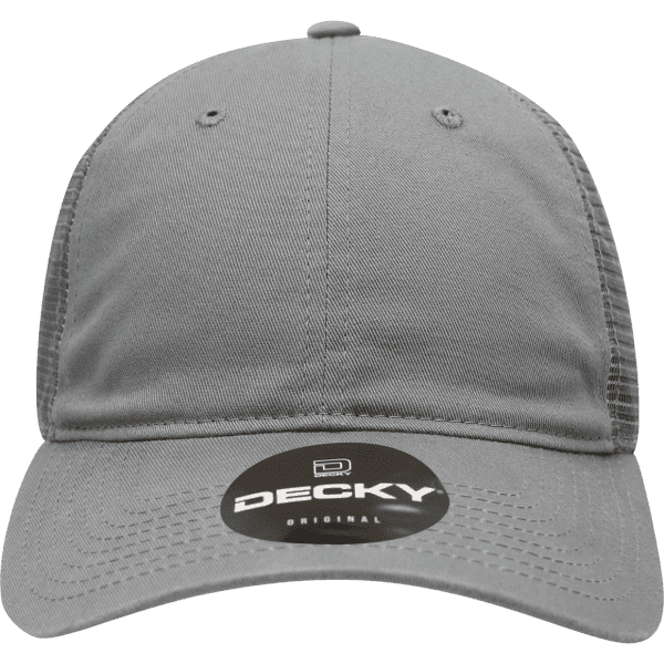 A grey 6 panel low profile relaxed trucker cap with a mesh back and a logo on the front.
