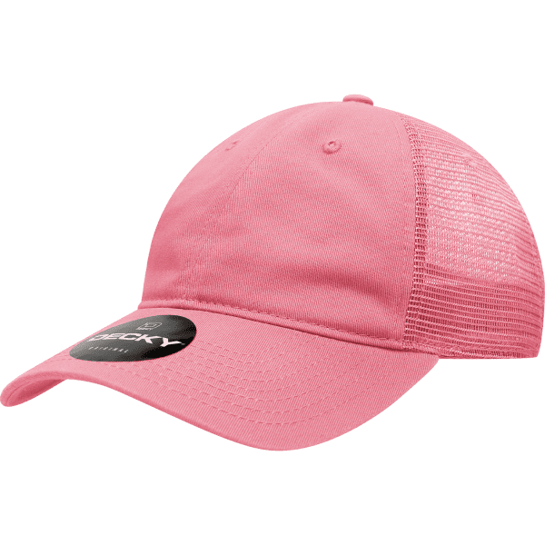 A pink 6 panel low-profile cotton trucker cap with mesh panels and a branding logo.