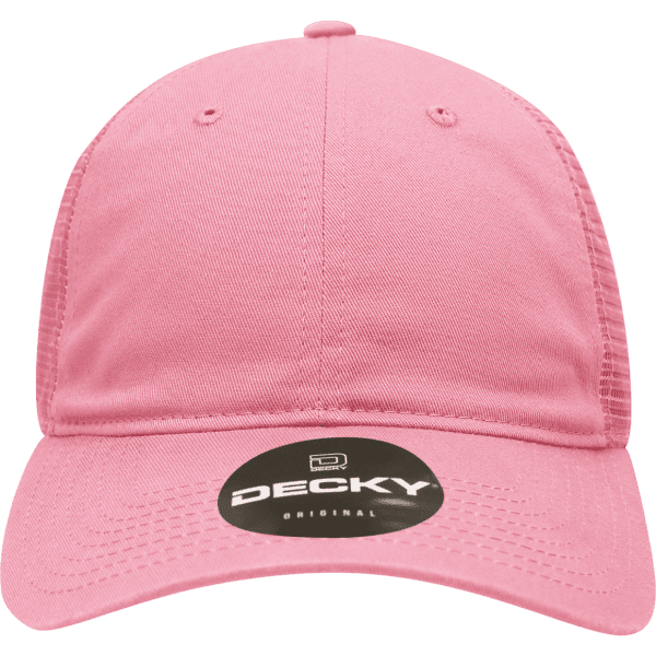 A pink low profile relaxed trucker cap with a branded logo on the front.