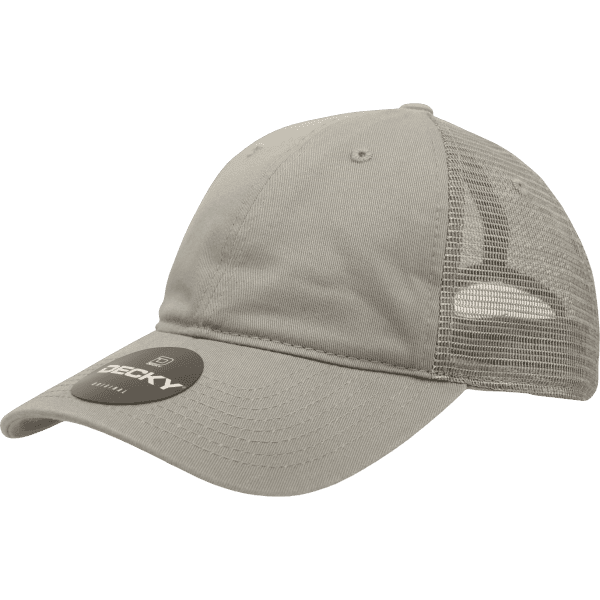 A light grey cotton trucker cap with a mesh back and a logo on the front.