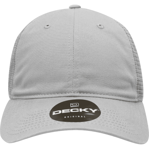 A grey 6 Panel Low Profile Relaxed Trucker hat with mesh sides and a logo on the front.