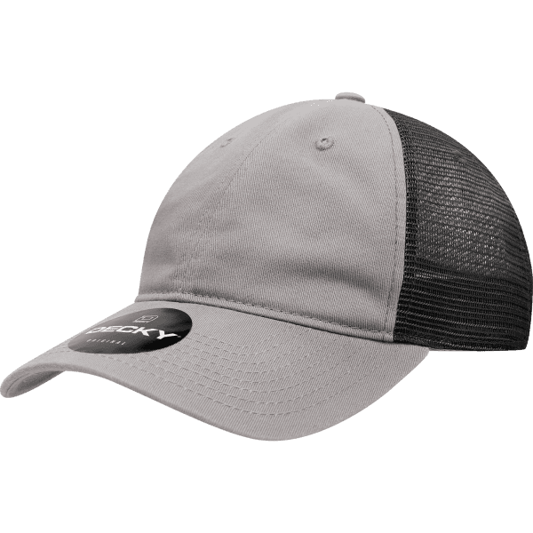 A grey and black 6 panel low profile cotton trucker cap with a mesh back and a logo.