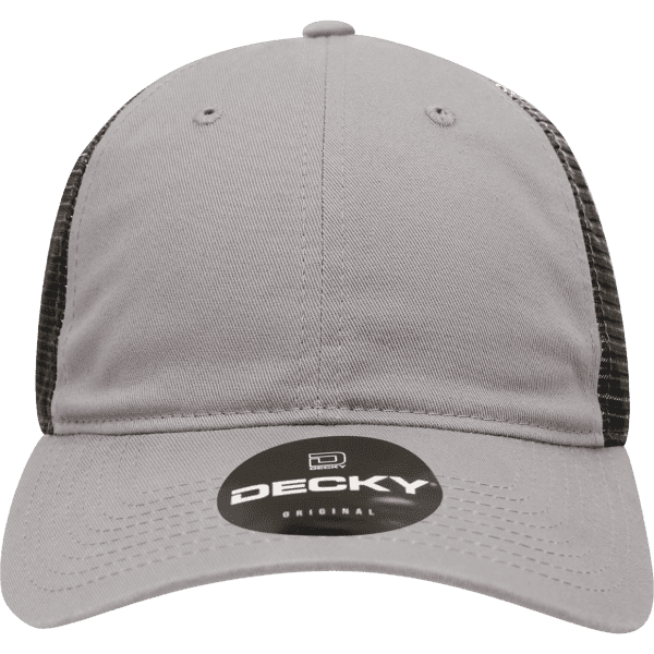 A grey 6 panel low profile relaxed trucker hat with a mesh back and a logo.