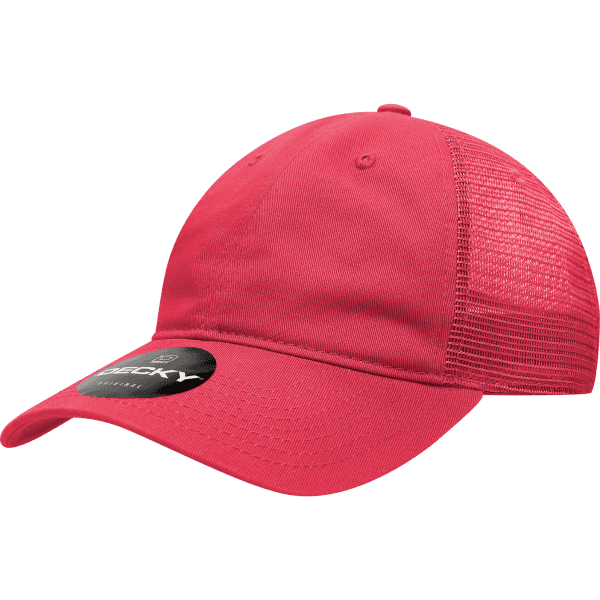 A pink low-profile cotton trucker cap featuring a mesh back and a logo on the front.