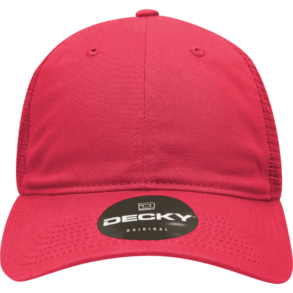 A red 6 Panel Low Profile Relaxed Trucker cap with a logo on the front and mesh sides.