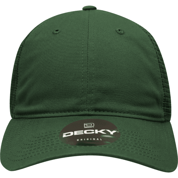 A green low-profile relaxed trucker cap with a logo on the front.