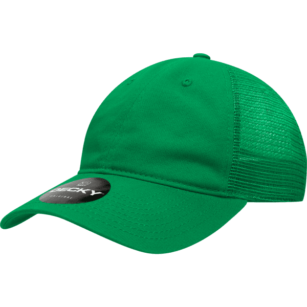 A green 6-panel low profile cotton trucker cap featuring a mesh back and a branded tag.