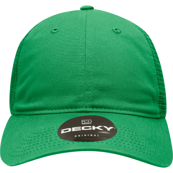A green 6 panel low profile relaxed trucker cap with a logo on the front.