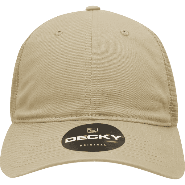 A beige 6 panel low profile relaxed trucker cap with an adjustable back and a logo on the front.