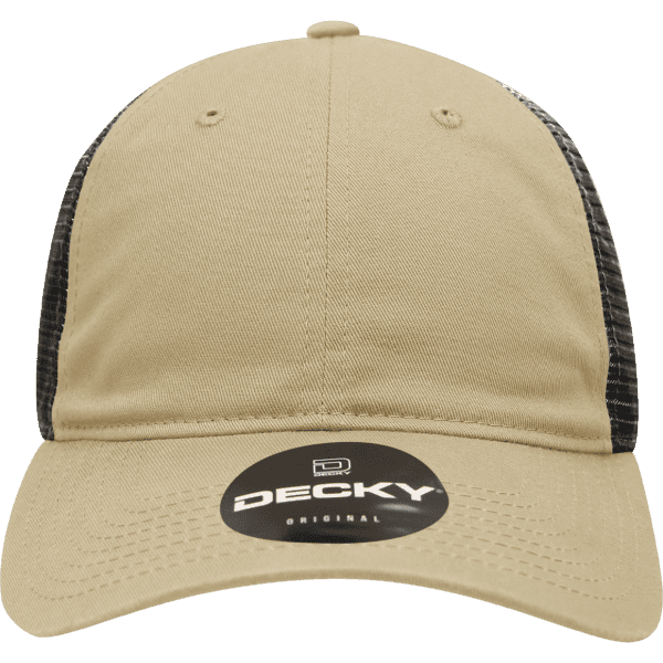 A low-profile relaxed trucker cap in khaki with a black mesh back and a logo.