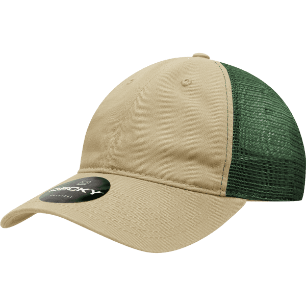 A tan and dark green 6-panel low profile cotton trucker cap with a mesh back and a logo on the front.
