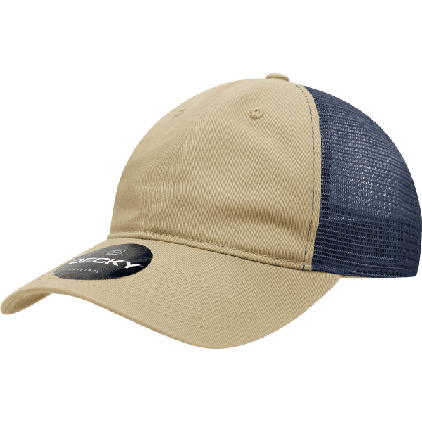 A beige cap with a navy mesh panel and a logo on the front. It features a low profile design.