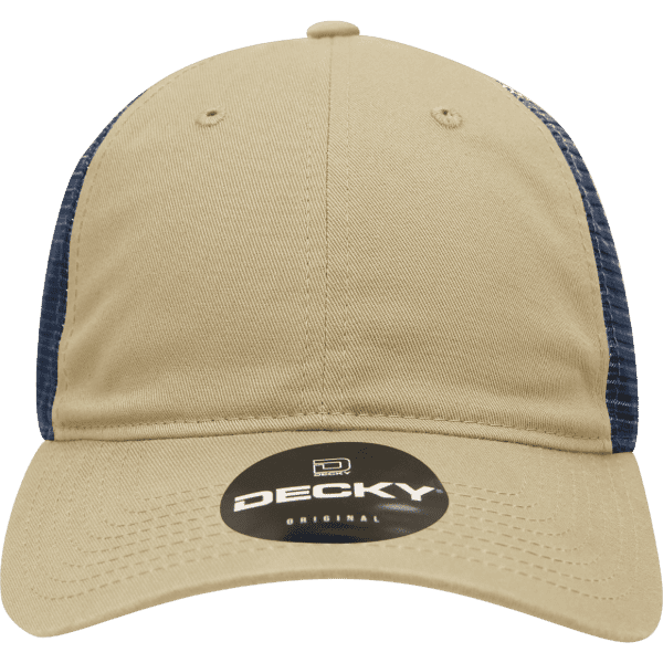 A khaki and navy blue 6 panel low profile relaxed trucker cap with a logo.
