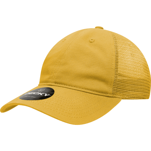 A yellow 6-panel low-profile cotton trucker hat with mesh sides and a logo.