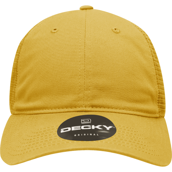 A yellow 6 Panel Low Profile Relaxed Trucker cap featuring a branded logo on the front.