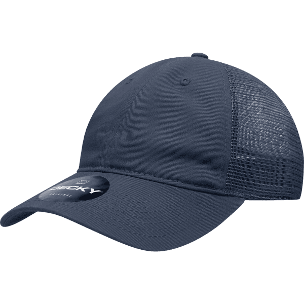 A navy blue 6-panel low profile cotton trucker cap with a mesh back and a logo.