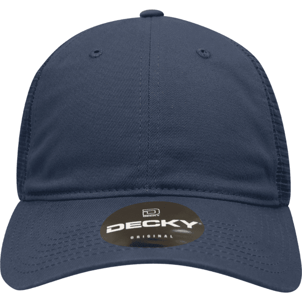 A navy blue 6-panel low profile relaxed trucker cap with a logo.