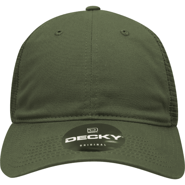 A green, low-profile trucker cap with mesh back and a logo on the front.