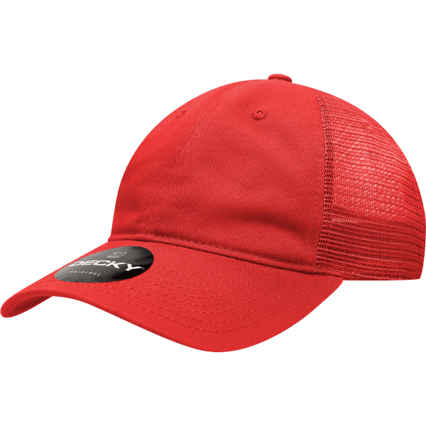 A red six-panel low profile cotton trucker cap with a mesh back and a logo on the front.