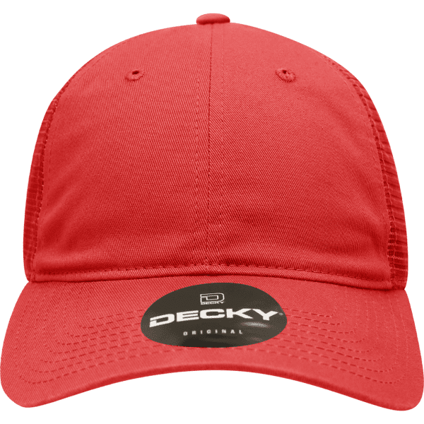 A red low profile relaxed trucker cap featuring a branded logo on the front.